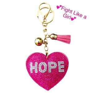 💕NEW Pink Heart Rhinestone Hope Cancer Awareness Key Chain or Charm with Tassel